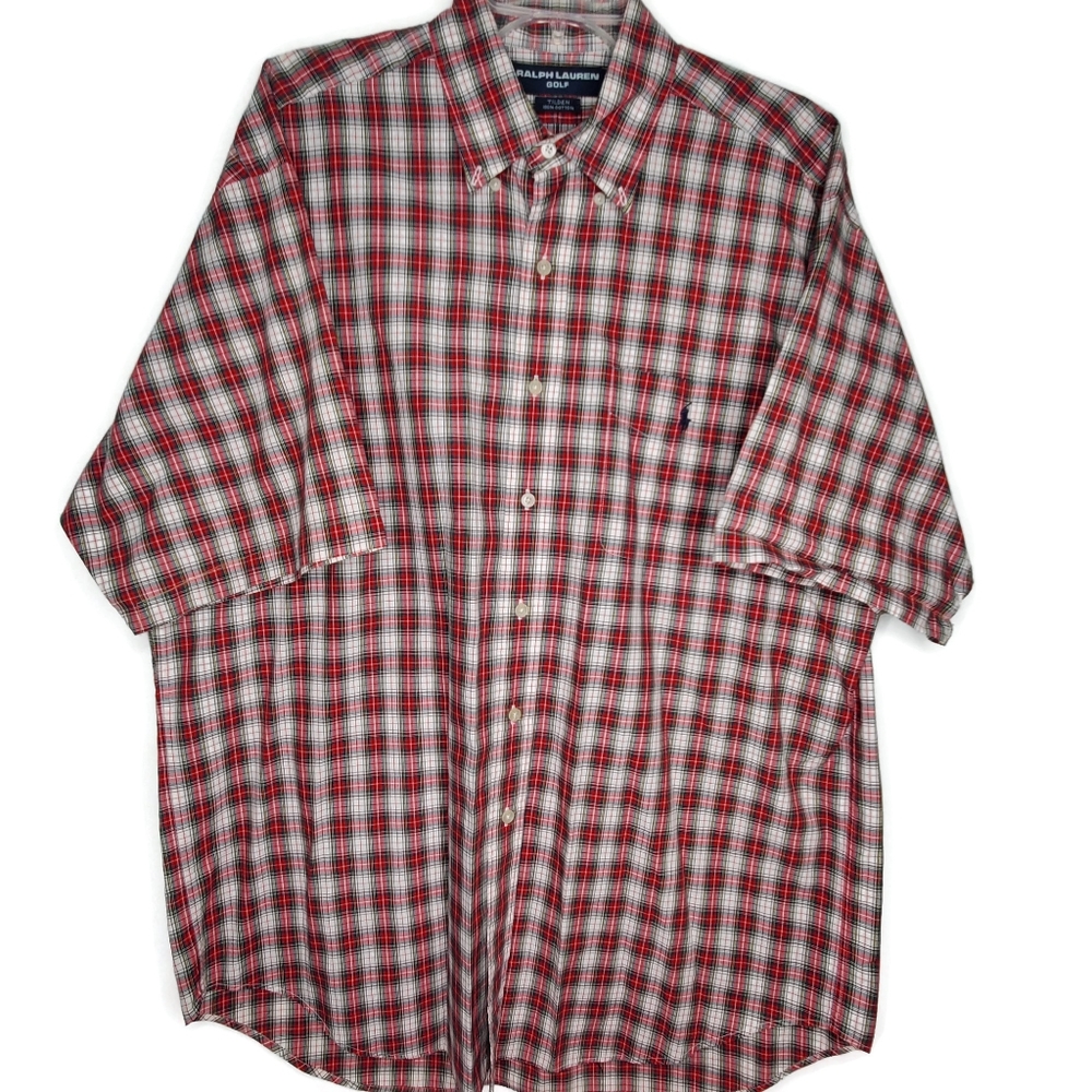 Ralph Lauren Golf Shirt Mens Tilden Plaid Large Button Up Red